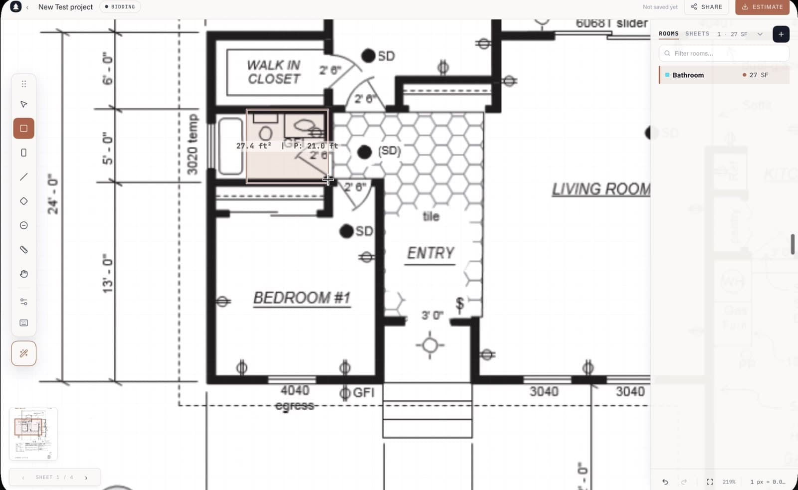 The Cedrus takeoff canvas mid-bid — a bathroom measured at 27.4 square feet beside a hex-tile entry