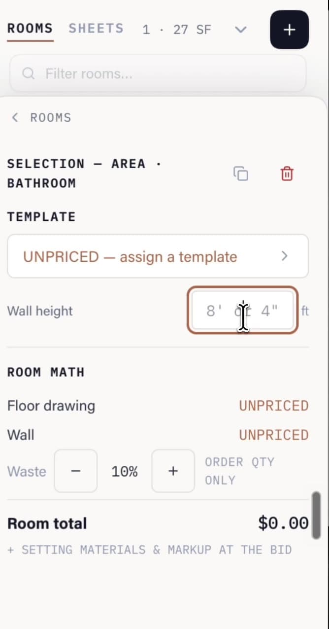 The room panel in Cedrus showing a measured bathroom — 27 square feet, waste at 10%, and the room total
