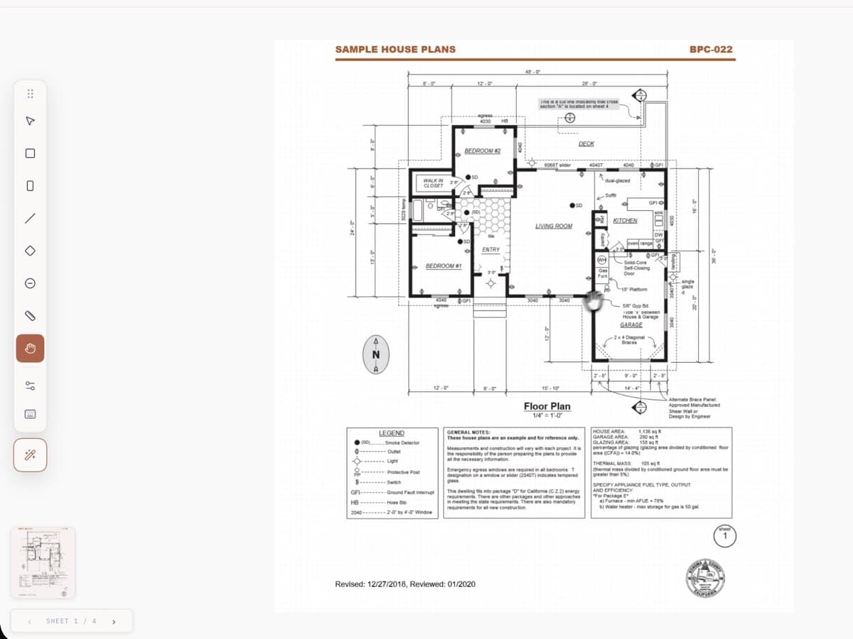 A full plan sheet rendered on the Cedrus canvas, with the drawing toolbar and the sheet pager reading 1 of 4
