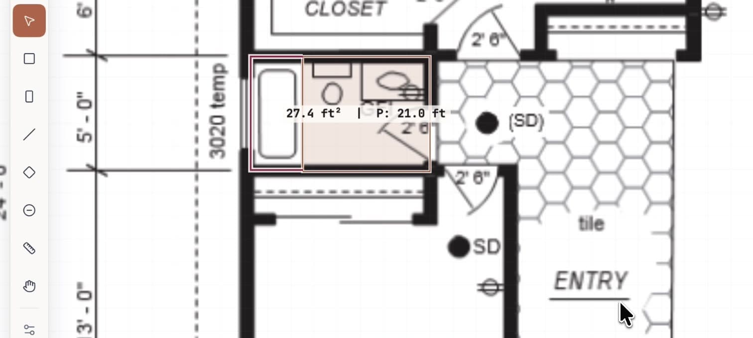 The Cedrus drawing toolbar beside a bathroom measured at 27.4 square feet on the takeoff canvas