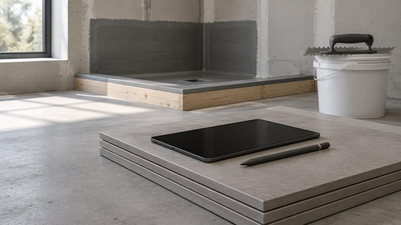 A tablet with its screen off and a stylus on a stack of large-format porcelain, in a bathroom mid-build with a waterproofed shower pan behind.