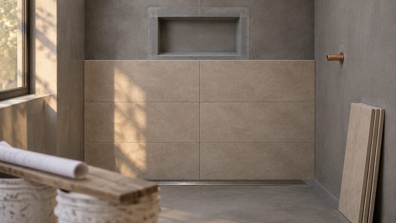 A shower mid-renovation: large-format greige porcelain set halfway up the back wall, a new niche wrapped in grey waterproofing above, a linear drain below.